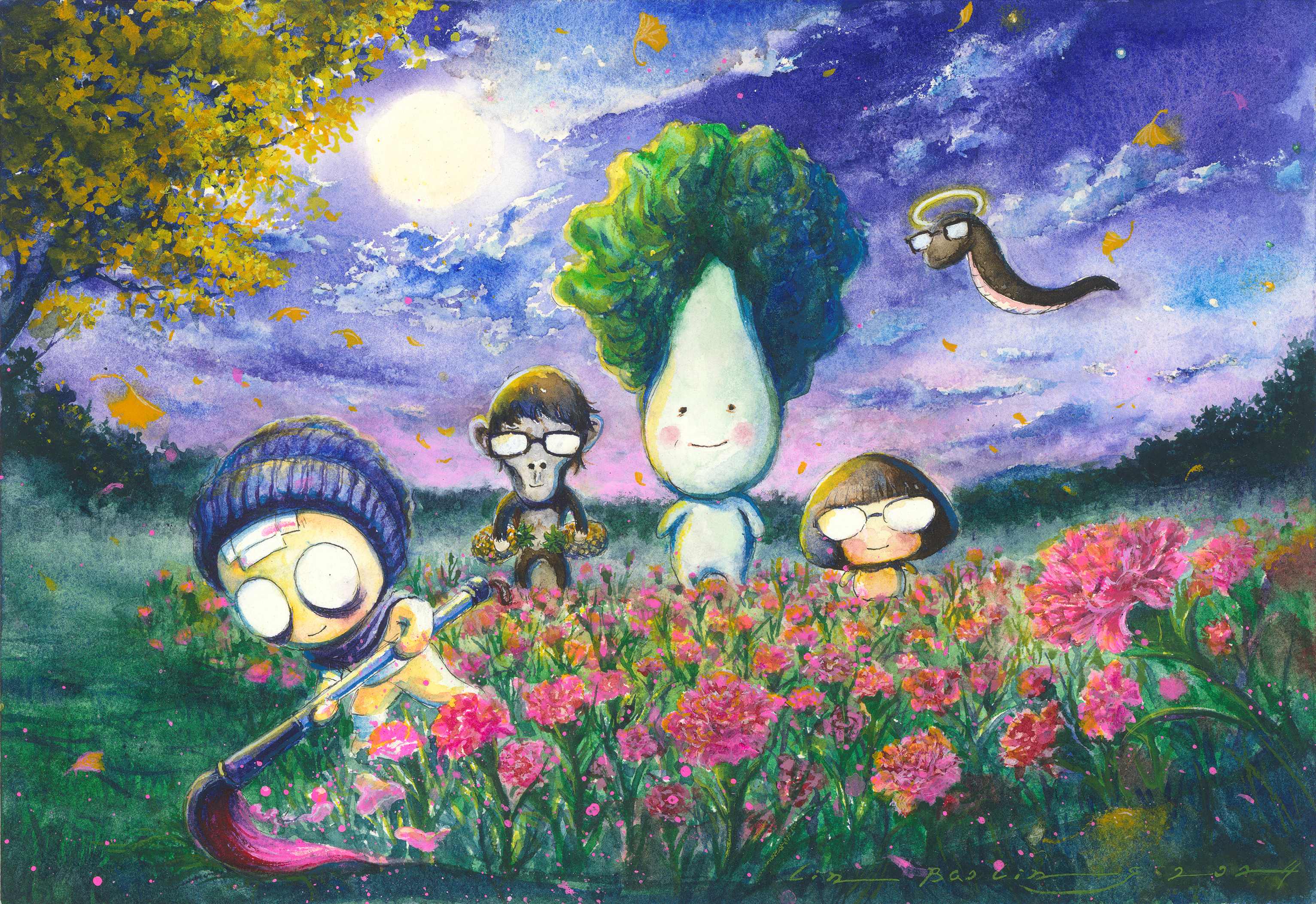 索卡藝術Soka Art_林葆靈Baoling LIN_筆耕花田Painting a Blooming Field_水彩 壓克力 墨水水彩紙 Watercolor, Acrylic and Ink on Watercolor Paper_18x26cm_2024 – 索卡藝術